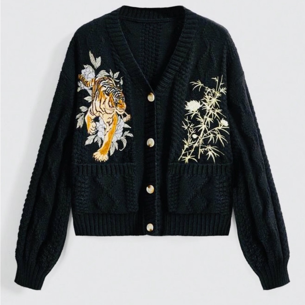 ROMWE Black Tiger Embroidered Cardigan